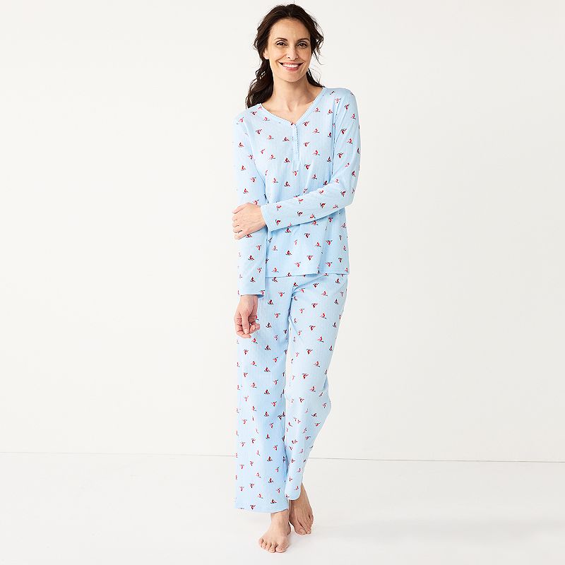 Women's Croft & Barrow Textured Knit Henley Long Sleeve Pajama Top & Pajama Pants Sleep Set, Size: Medium Long, Light Blue