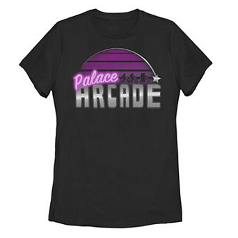 Juniors' Stranger Things Palace Arcade Purple Neon Logo Tee