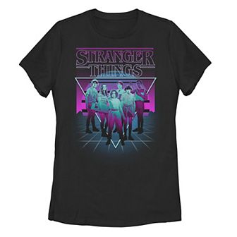 Juniors' Stranger Things Group Shot Neon Triangle Tee