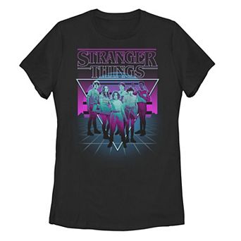 Juniors' Stranger Things Group Shot Neon Triangle Tee