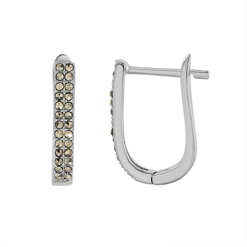 Fine Silver Plated Marcasite U-Hoop Earrings, Womens, Size: 17 mm, Brown