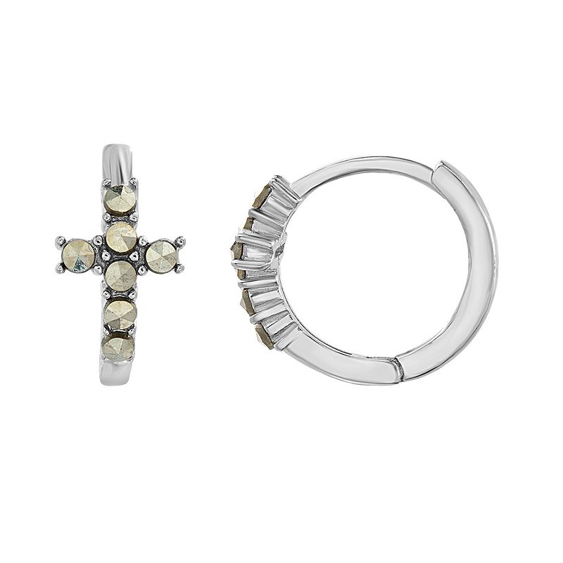 Silver Plated Marcasite Cross Huggie Hoop Earrings, Womens, Size: 15 mm, B