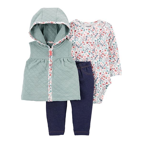 Baby Girl Carter's 3Piece Quilted Vest, Floral Bodysuit & Pants Set