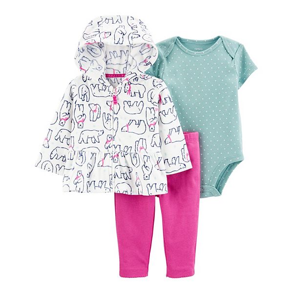 Baby Girl Carter's 3Piece Polar Bear Cardigan, Bodysuit & Pants Set