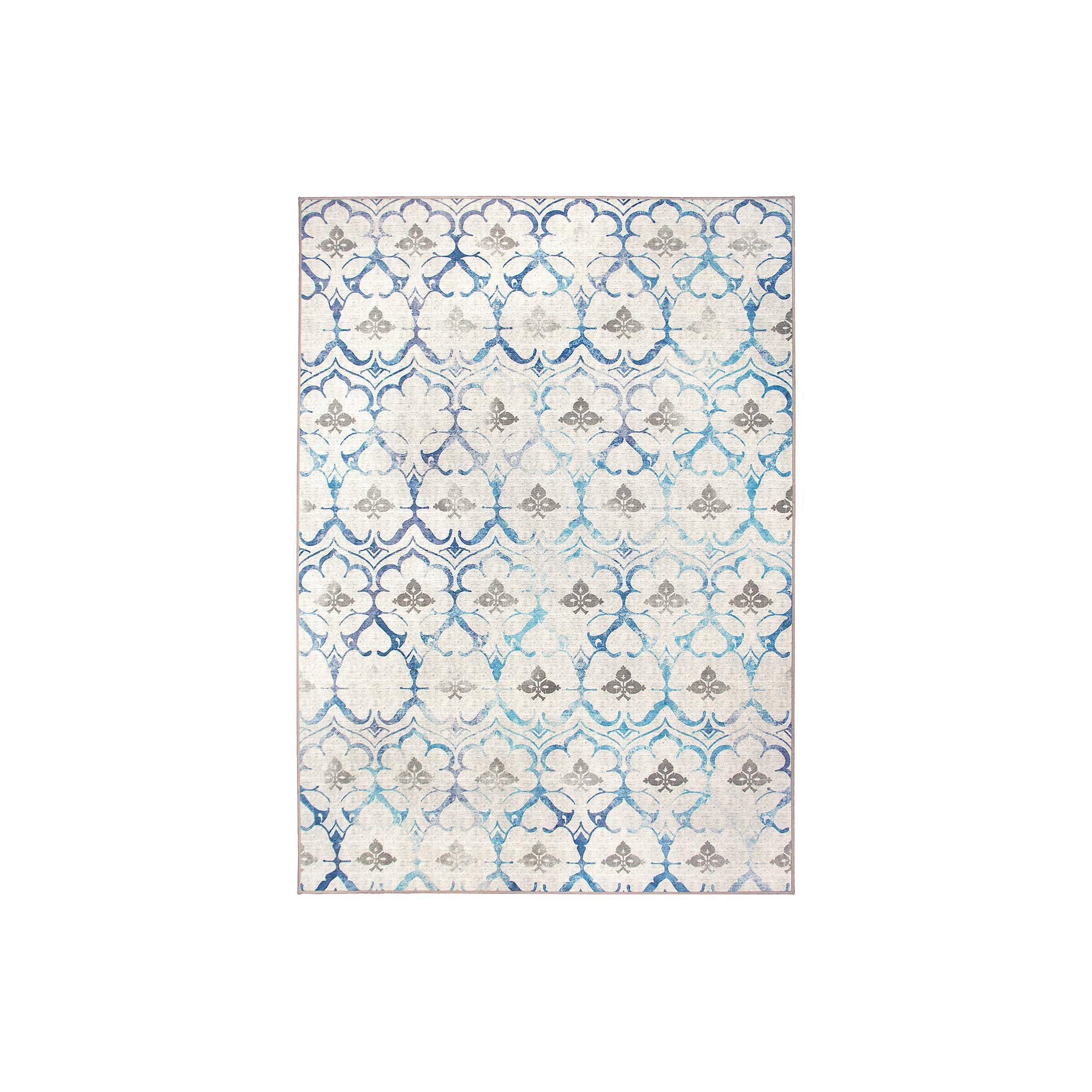 My Magic Carpet Leilani Damask Machine Washable Rug, Beige Blue