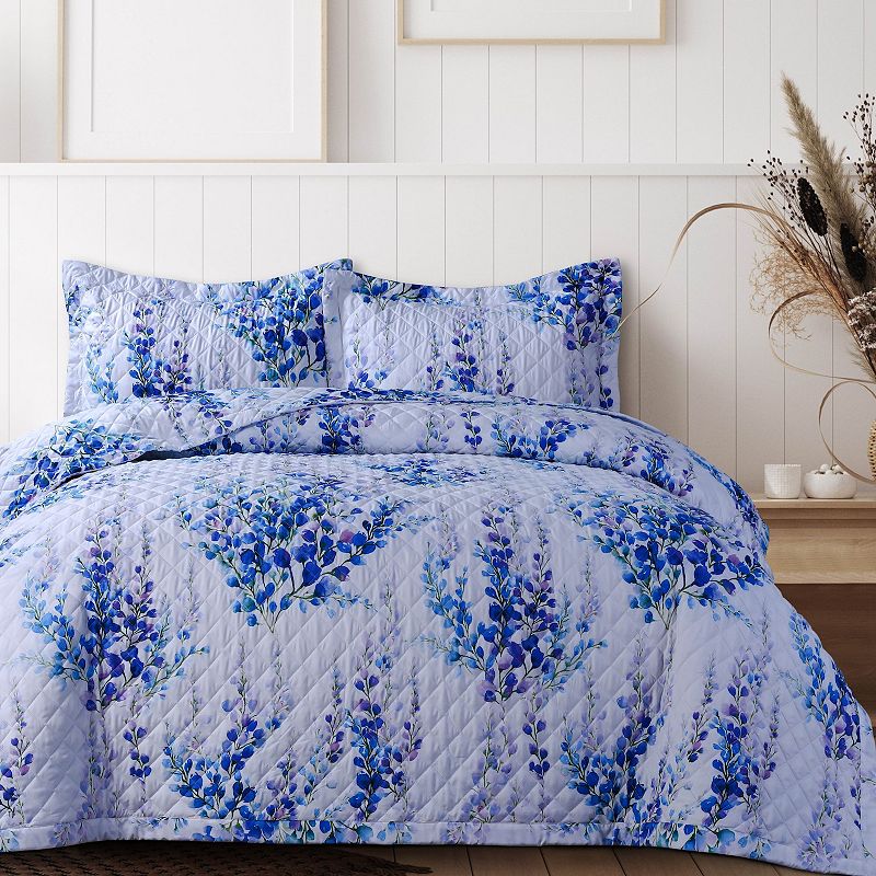 Azores Home Juliette Printed Oversized Quilt Set with Shams, Blue, Full/Que