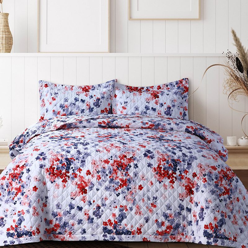 Azores Home Juliette Printed Oversized Quilt Set with Shams, Red, Full/Quee