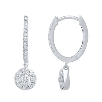 10k White Gold 1/2 Carat T.W. Diamond Round Halo Dangle Earrings