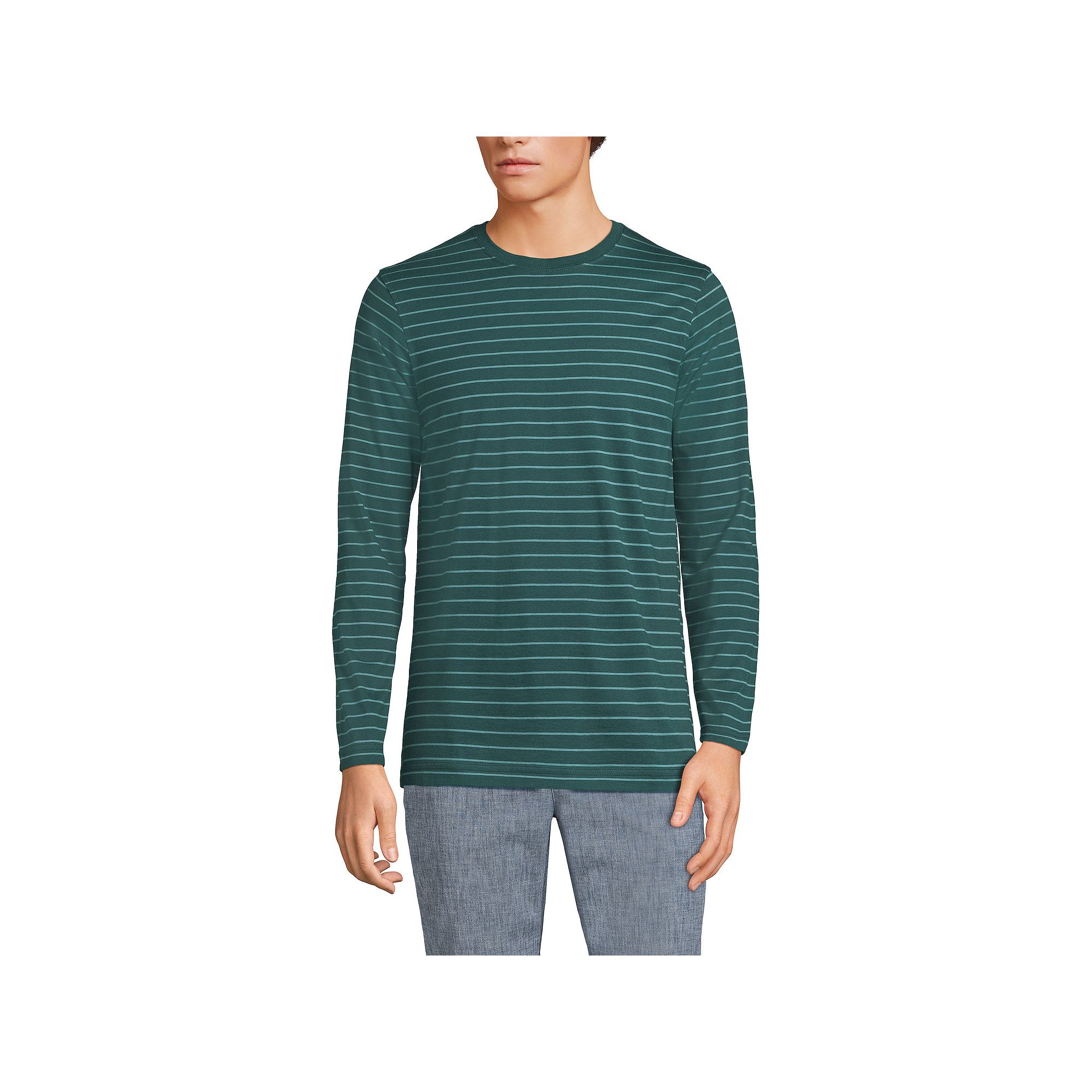 Mens Lands End Classic-Fit Supima Tee, Size: Medium, Deep Green Stripe