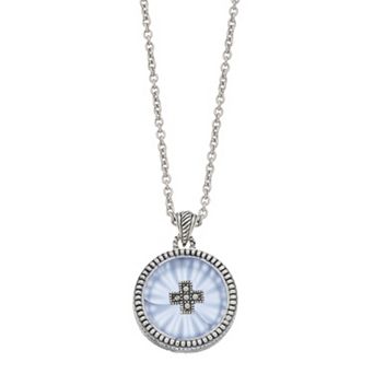 Lavish by TJM Sterling Silver Blue Sunray Crystal & Marcasite Circle Pendant Necklace