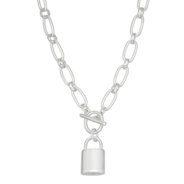 Nine West Silver Tone 17 Padlock Pendant Necklace