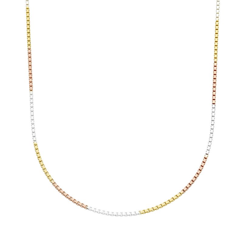 Tri-Tone Sterling Silver Box Chain Necklace, Womens, Size: 24, Multicol