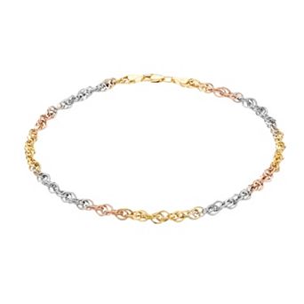 Au Naturale Tri-Tone 10k Gold Double Link Cable Chain Anklet