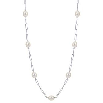 PearLustre by Imperial Sterling Silver Cultured Pearl Paper Clip Chain Station Necklace