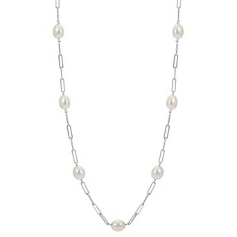 PearLustre by Imperial Sterling Silver Cultured Pearl Paper Clip Chain Station Necklace