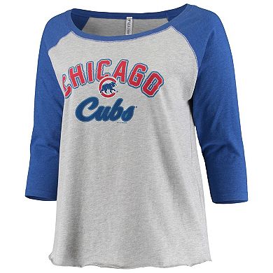 Women's Soft as a Grape Heathered Gray/Royal Chicago Cubs Plus Size Baseball Raglan 3/4-Sleeve Tri-Blend T-Shirt