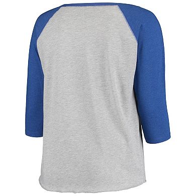 Women's Soft as a Grape Heathered Gray/Royal Chicago Cubs Plus Size Baseball Raglan 3/4-Sleeve Tri-Blend T-Shirt