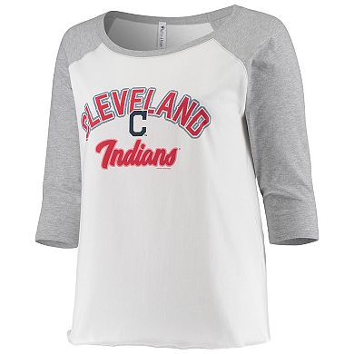 Women's Soft as a Grape White/Heathered Gray Cleveland Indians Plus Size Baseball Raglan 3/4-Sleeve T-Shirt