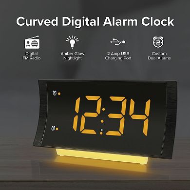 La Crosse Technology 617-89577-INT Curved LED Alarm Clock with Radio and Fast Charging USB Port