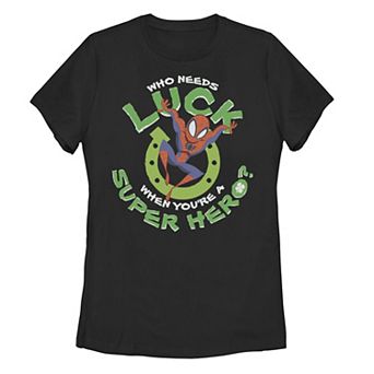 Juniors' Marvel Spider-Man Who Needs Luck St. Patrick's Day Graphic Tee