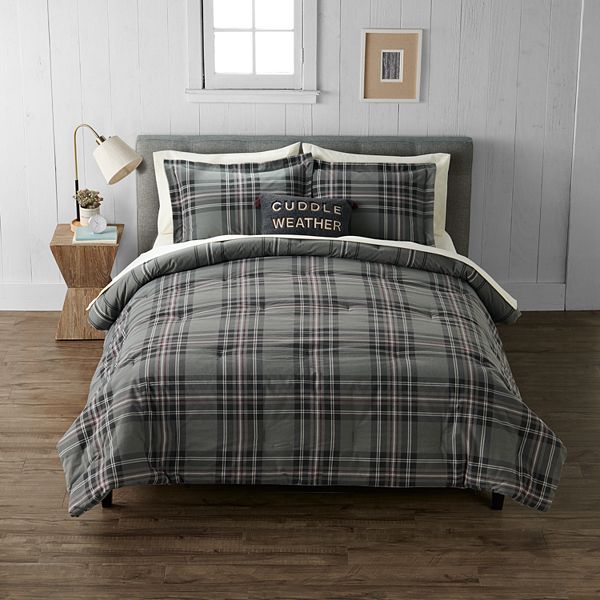 Cuddl Duds Heavyweight Warm Flannel Sheet Set GREY Plaid GINGHAM