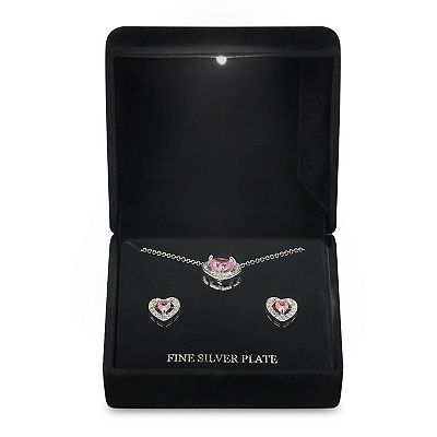 Silver Tone Pink & Clear Cubic Zirconia Heart Pendant