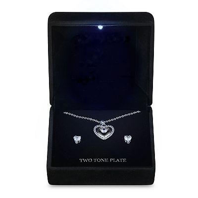 Two-Tone Cubic Zirconia Heart Pendant Necklace & Heart Stud