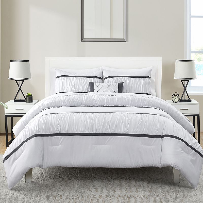 VCNY Home Trisha Ruched Stripes Comforter Set with Shams, White, Full/Queen