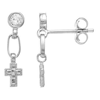 Kristen Kesho Sterling Silver Lab-Created White Sapphire Dangle Cross Drop Earrings