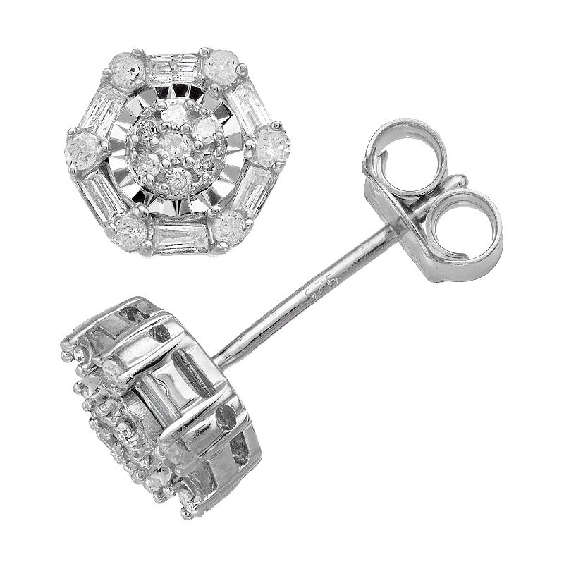 Sterling Silver 1/3 Carat T.W. Diamond Hexagon Cluster Earrings, Womens, W