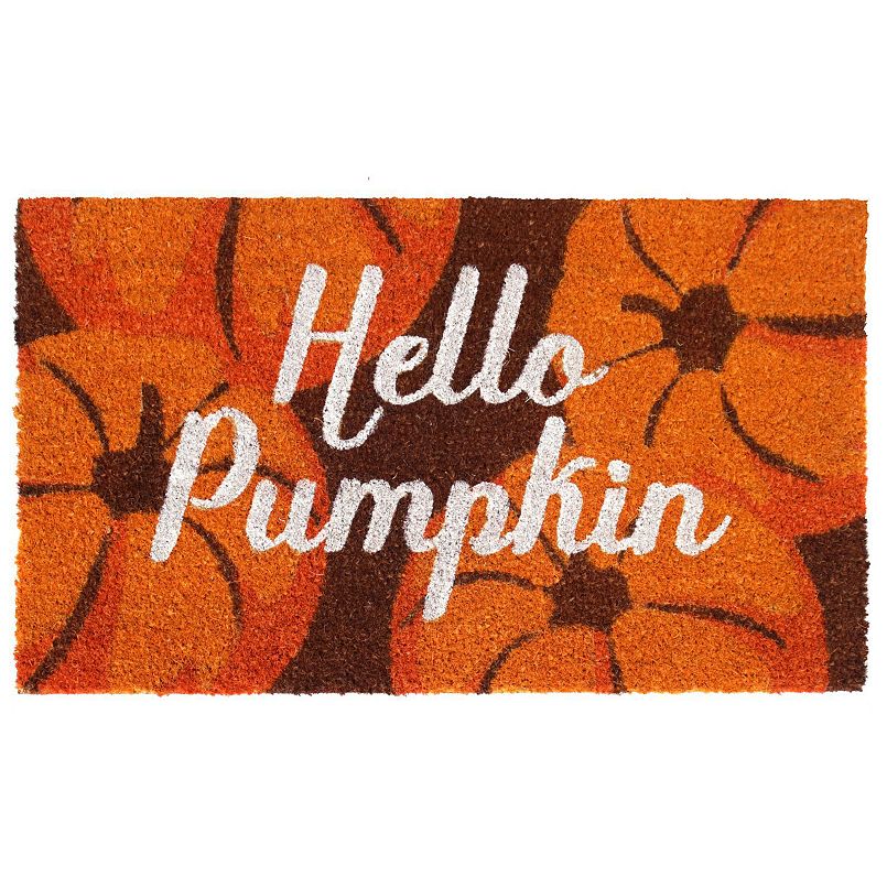 A brown doormat with orange pumpkins and white text on it