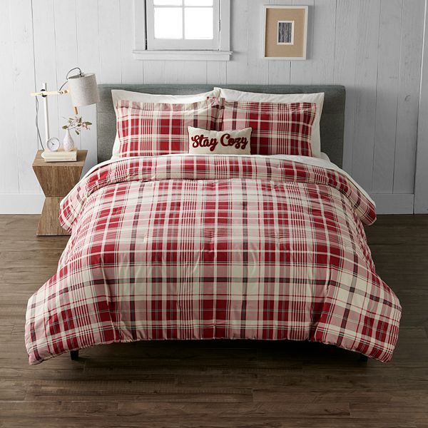 Cuddl Duds Red Ivory Plaid Lightweight Comforter Set with Shams