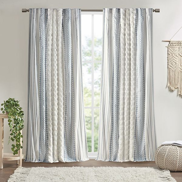 INK+IVY 1-Panel Imani Light Filtering Lined Cotton Rod Pocket Window Curtain Panel with Chenille Stripes - Blue (50X108)
