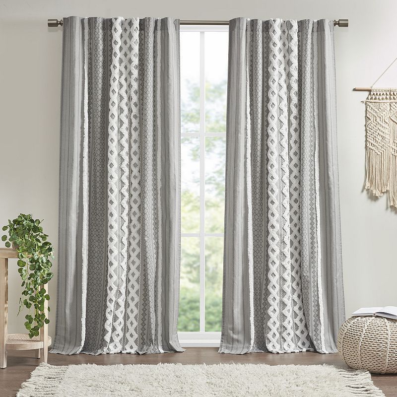 INK+IVY 1-Panel Imani Light Filtering Lined Cotton Rod Pocket Window Curtain Panel with Chenille Stripes, Gray