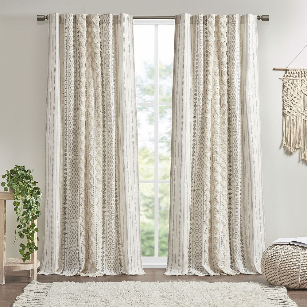 INK+IVY 1-Panel Imani Light Filtering Lined Cotton Rod Pocket Window Curtain Panel with Chenille Stripes - Ivory, 50X95