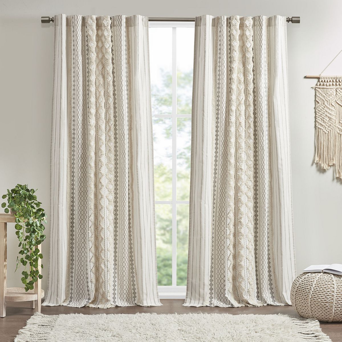 INK+IVY 1-Panel Imani Light Filtering Lined Cotton Rod Pocket Window Curtain Panel with Chenille Stripes - Ivory, 50X84
