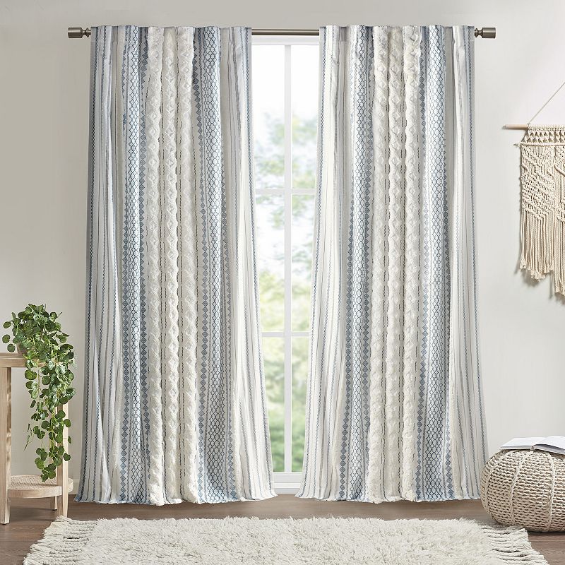 INK+IVY 1-Panel Imani Light Filtering Lined Cotton Rod Pocket Window Curtain Panel with Chenille Stripes, Ivory Navy