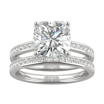 Charles & Colvard 14k White Gold 2 3/4 Carat T.W. Lab Created Moissanite Cushion Engagement Ring Set