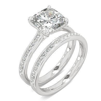 Charles & Colvard 14k White Gold 2 3/4 Carat T.W. Lab Created Moissanite Cushion Engagement Ring Set