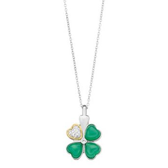Rosabella Sterling Silver Green Onyx & Lab-Created White Sapphire Clover Pendant Necklace