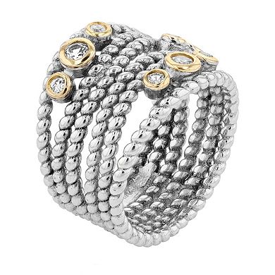 Rosabella Two Tone Sterling Silver Lab-Created White Sapphire Rope Ring