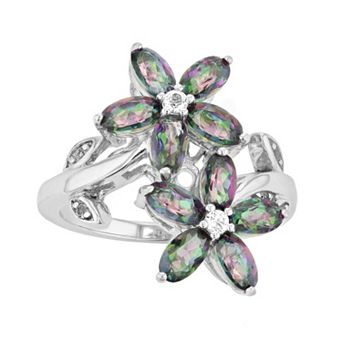 Rosabella Sterling Silver Multicolored Quartz Double Flower Bypass Ring