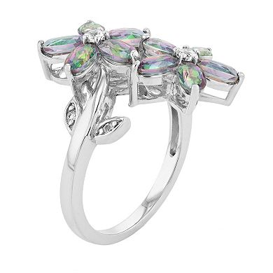 Sterling Silver Multicolored Quartz Double Flower Bypass Ring