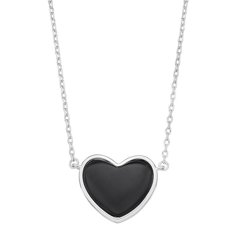 Sterling Silver & Onyx Puffed Heart Necklace, Womens, Size: 18, Black