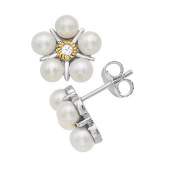 Rosabella Two Tone Sterling Silver Freshwater Cultured Pearl & White Topaz Stud Earrings