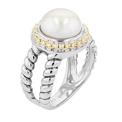 Two-Tone Sterling Silver Freshwater Cultured Pearl Rope Band Ring