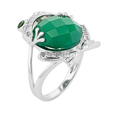 Sterling Silver Green Onyx & White Topaz Frog Ring