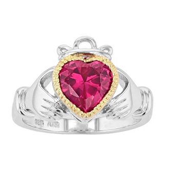 Rosabella Two Tone Sterling Silver Lab-Created Ruby Claddagh Ring