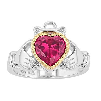 Rosabella Two Tone Sterling Silver Lab Created Ruby Claddagh Ring