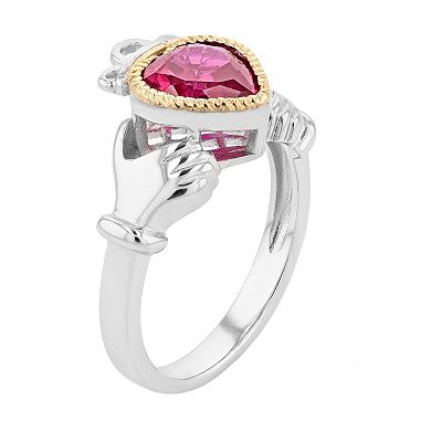 Two Tone Sterling Silver Lab-Created Ruby Claddagh Ring
